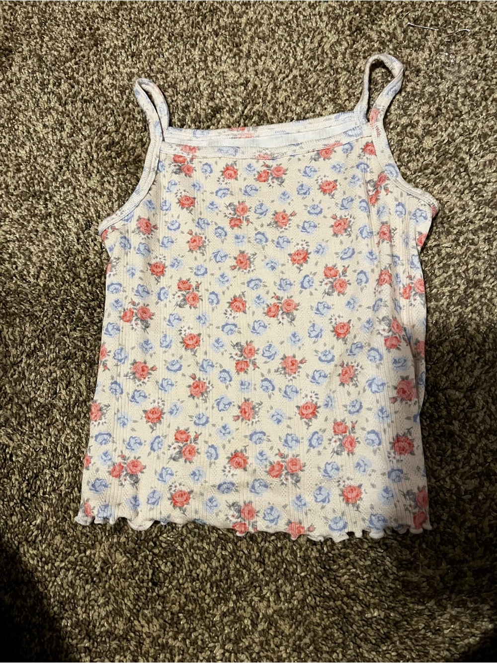 Posh Peanut Cream Ribbed Floral Tank Top with Pink & Blue Roses